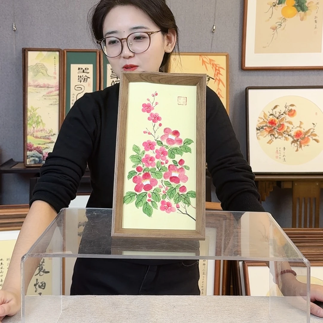 国画纯手绘，纯手写带框尺寸：16×29厘米