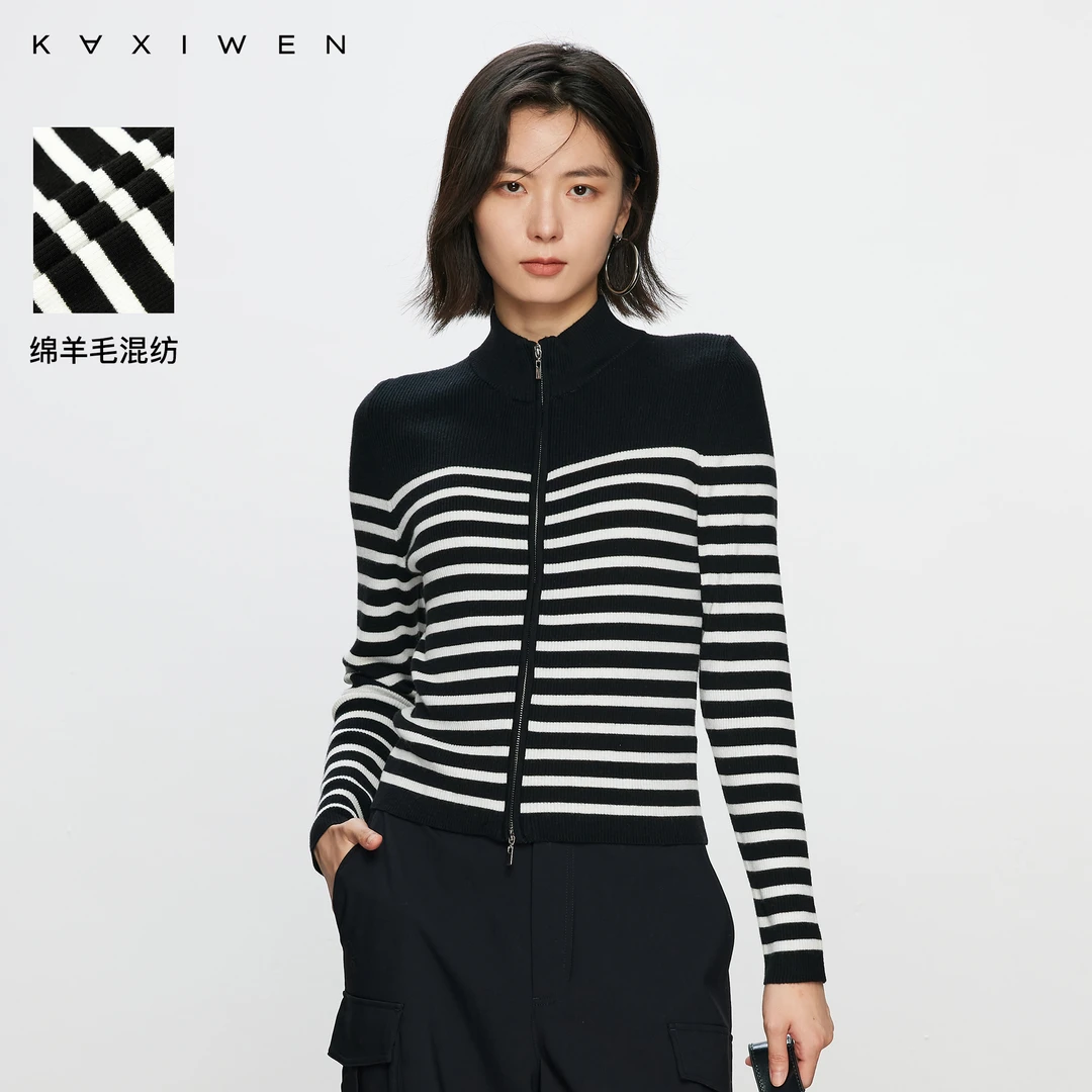 【籽言专属】简约通勤针织衫立领条纹双拉链开衫女D07AZN7508