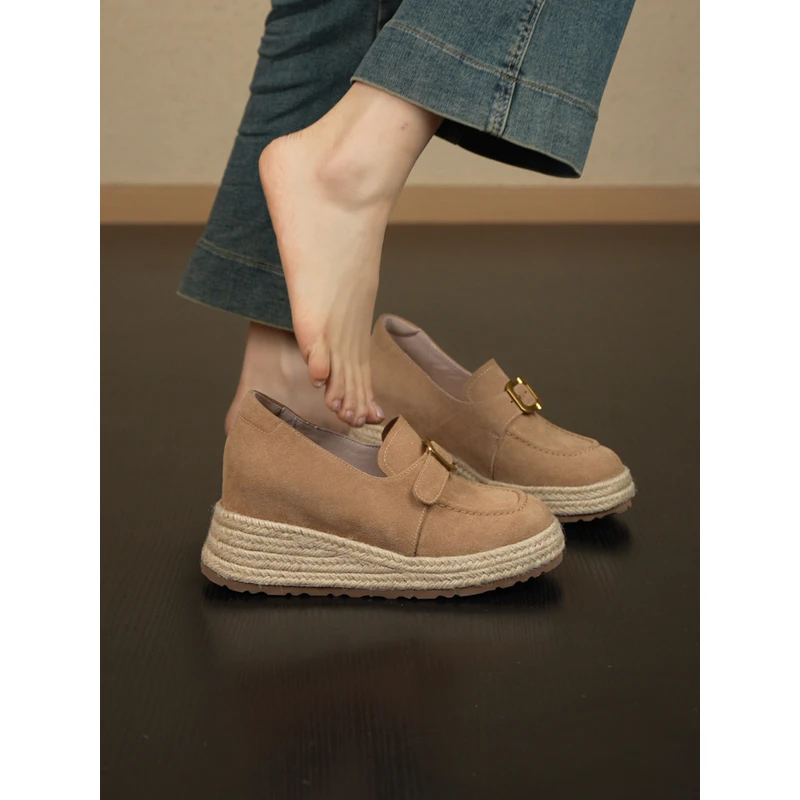 nnmiss·34-39/7cm复古圆头皮带扣深口草编坡跟乐福鞋百搭通勤单鞋