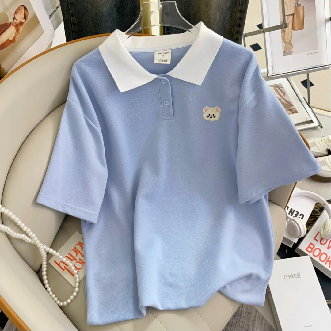 夏季多巴胺胖mm宽松减龄时尚正肩短袖polo领网红港风T恤学生上衣