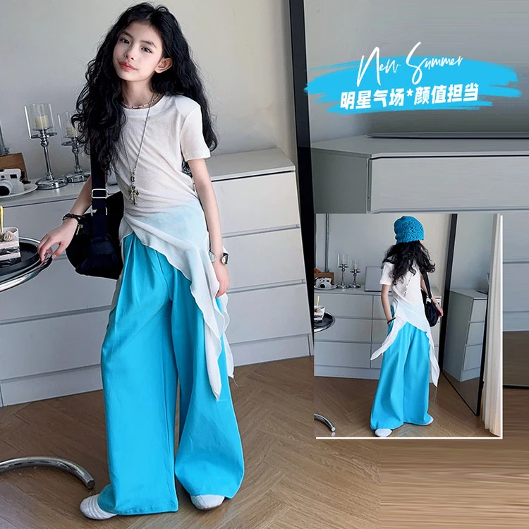 女童欧美风短袖纯色韩版不规则T恤时尚休闲运动阔腿裤子薄款套装