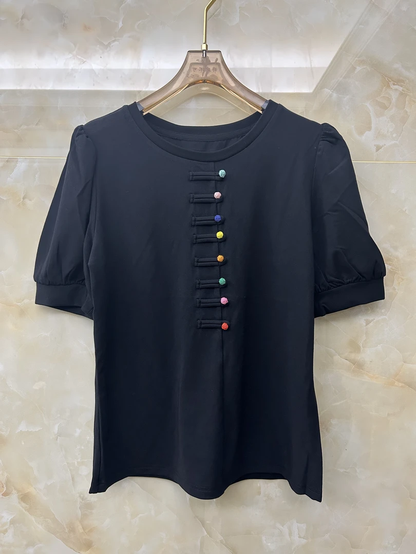 222327复古彩色盘扣设计感小众宽松短袖