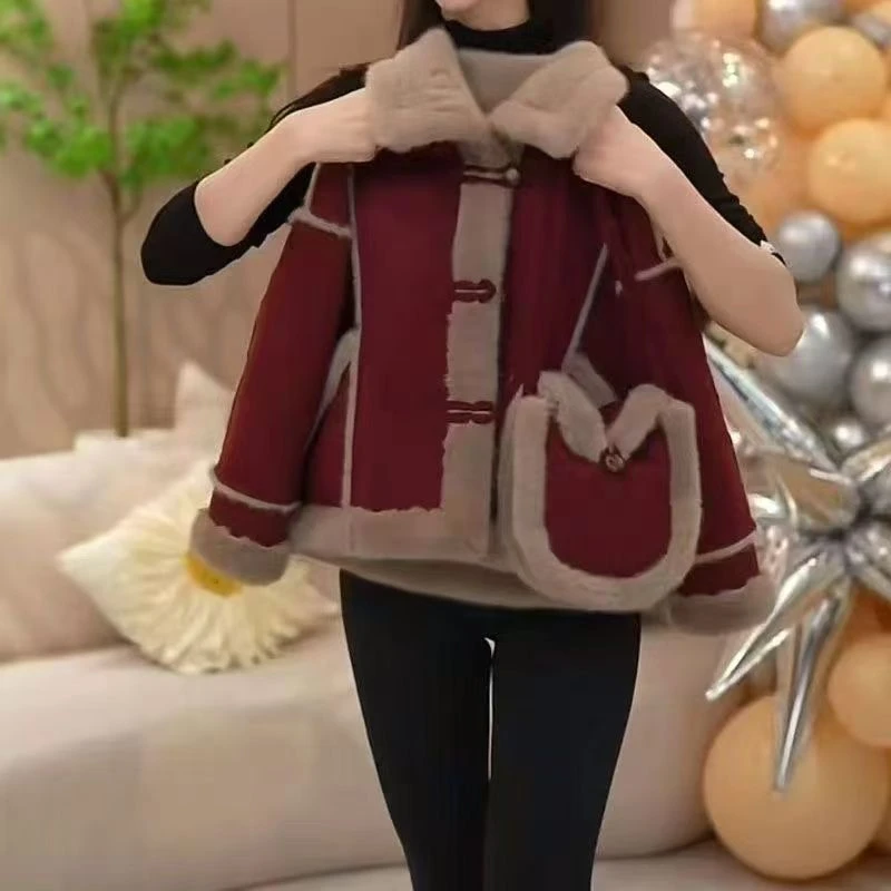 女童外套2024秋冬新款儿童皮毛一体安可拉红加绒加厚洋气上衣冬装