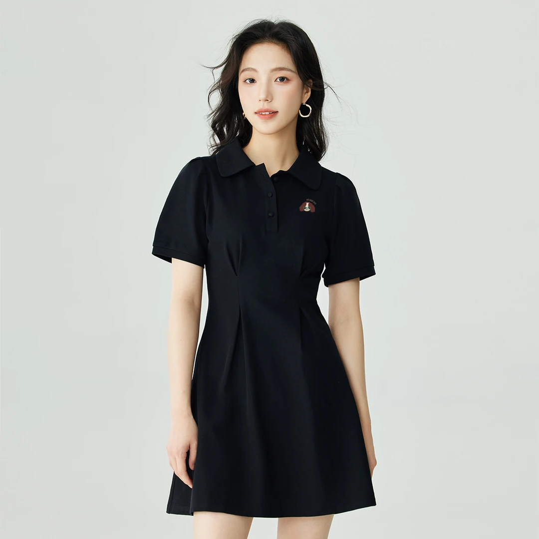 茵曼25夏季新款Polo领短袖连衣裙收腰时尚气质修身纯色女士中长裙