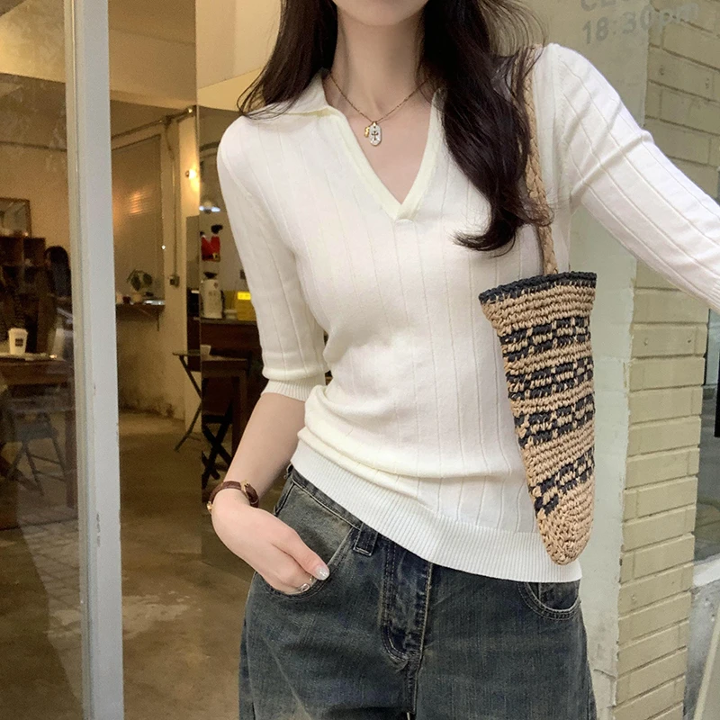 小众翻领修身内搭中袖针织衫女春夏季2025年新款修身背面系带上衣