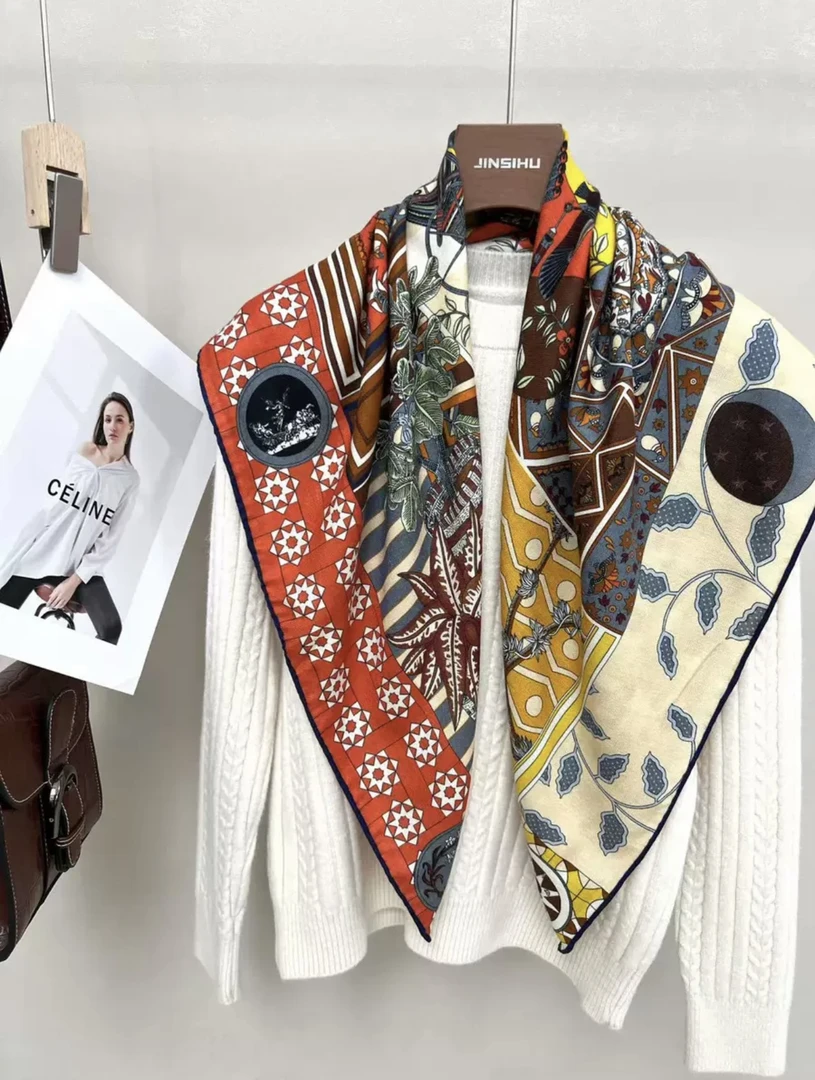 85尺寸桑蚕丝羊毛披肩网红围巾方巾双面百搭手工卷边女骑士之舞