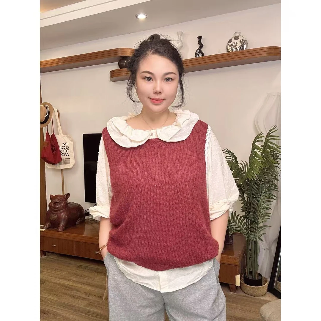 【伊伊推荐】百搭文艺风圆领韩版套头马夹女上衣假两件马甲通勤风