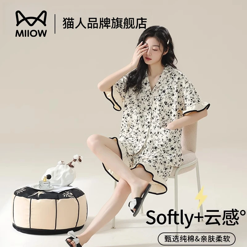 猫人睡衣女夏季纯棉短袖短裤2025新款宽松凉感大码薄款家居服套装