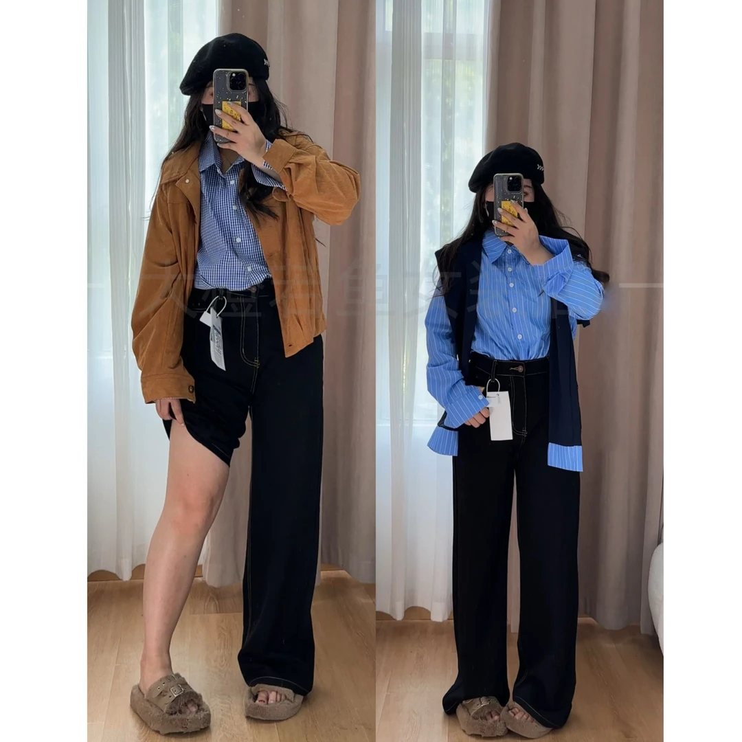 窄版直筒牛仔裤女2025早秋新款高腰显瘦黑色百搭小个子垂感阔腿裤