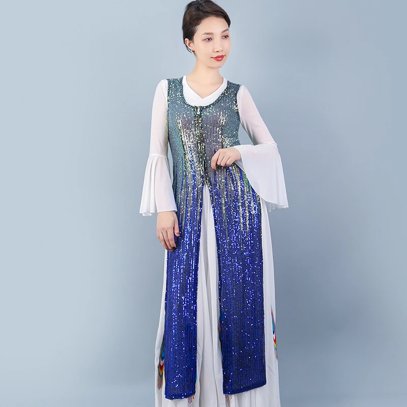 天翼美断码福利弹力网纱刺绣暖渐变亮片长马甲