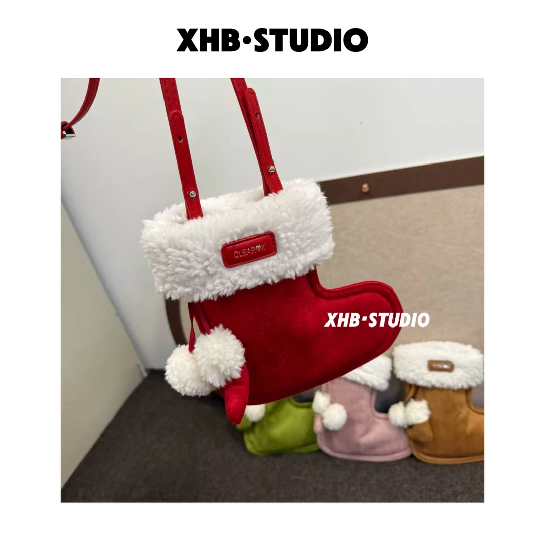 超火毛茸茸圣诞靴子包女2025新款小众少女可爱雪地靴包单肩斜挎包
