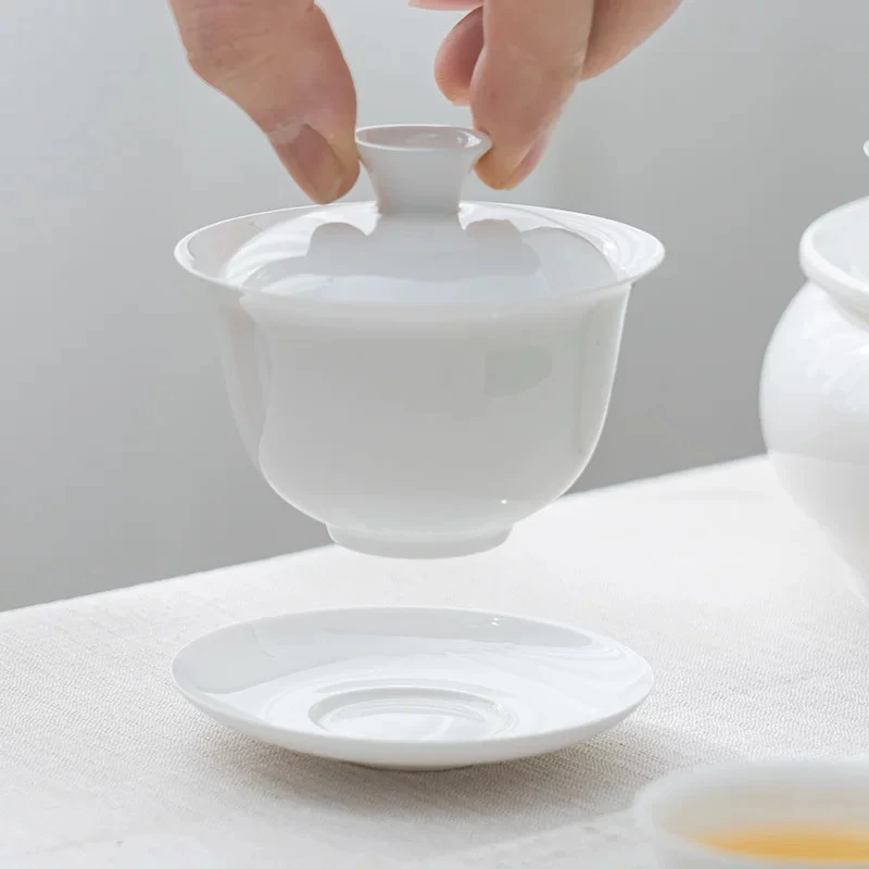 潮州元宝薄胎骨瓷茶具纯白 三才盖碗功夫茶具 反口防烫泡茶器杯