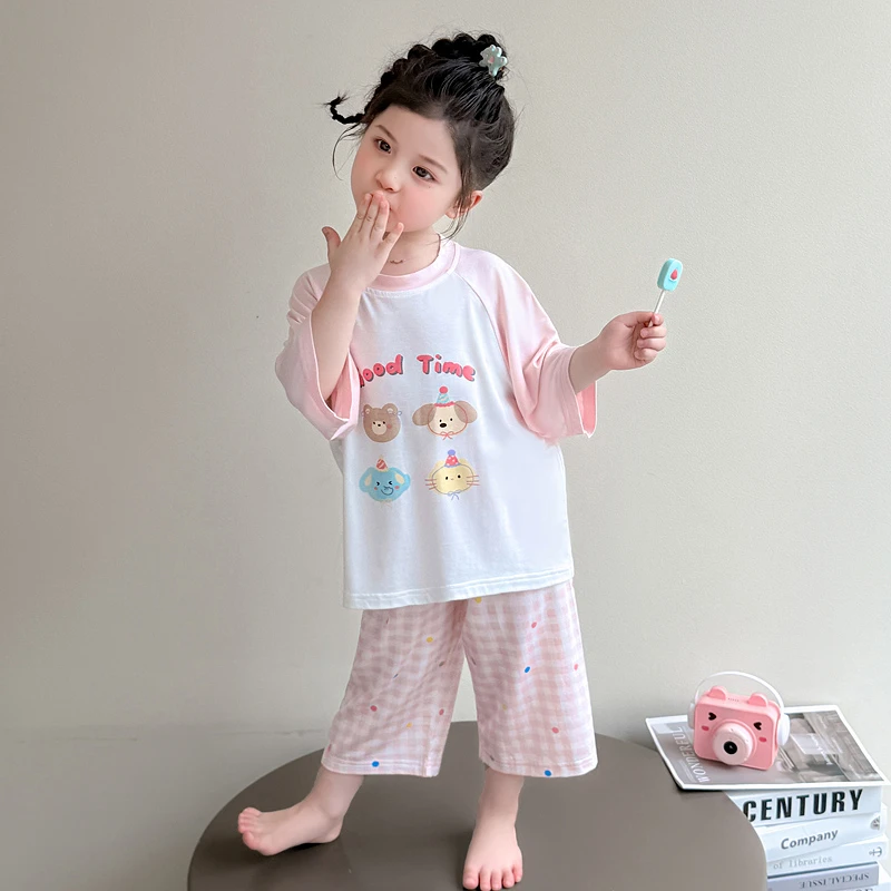 儿童睡衣套装女孩2025新款透气莫代尔棉宝宝空调服女童半袖家居服