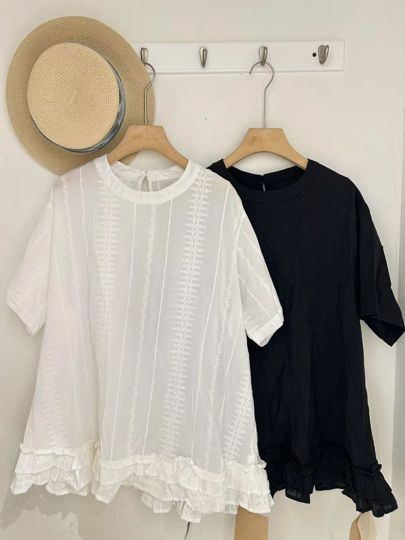 韩系重工工艺面料短袖花边小衫