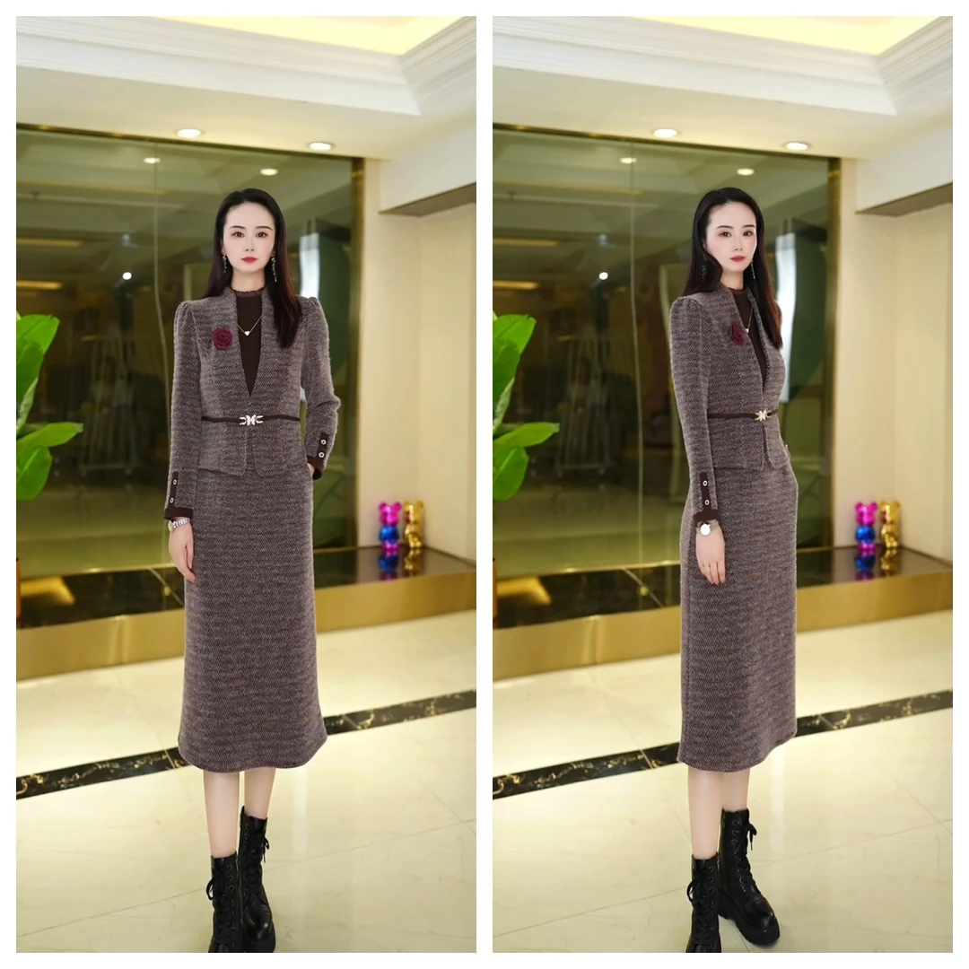 丹思俪秋冬新款时尚加厚绒毛气质修身百搭假两件连衣裙6059