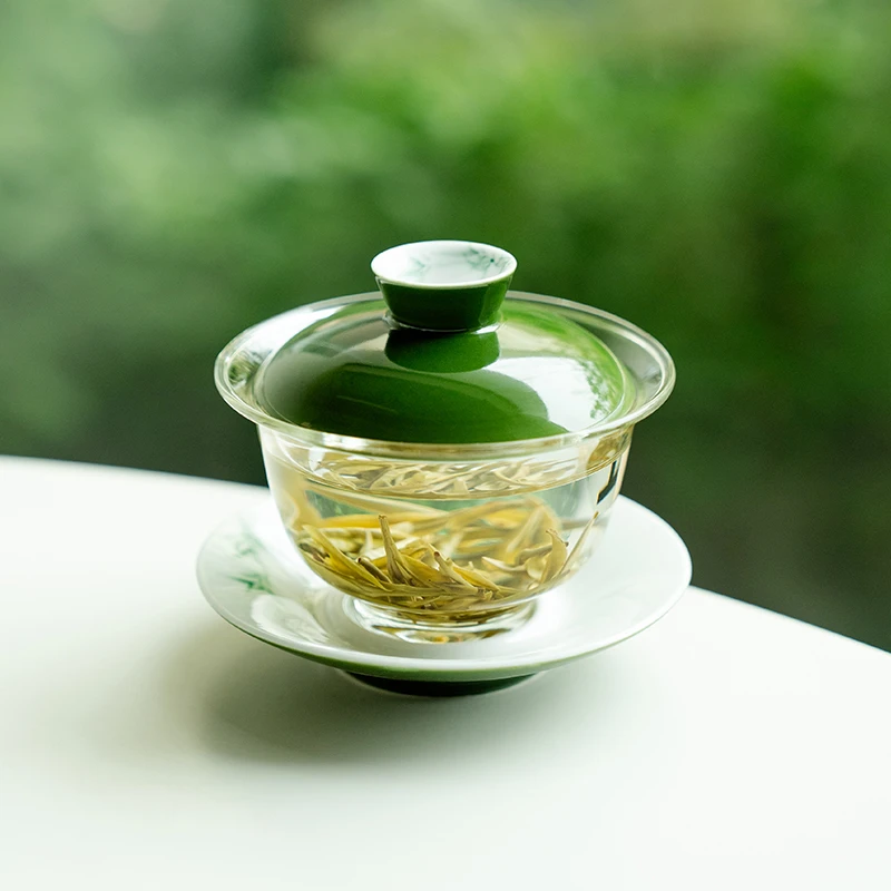赞朴纯手绘竹叶绿玻璃三才盖碗高端创意透明泡茶碗功夫茶具敬茶碗