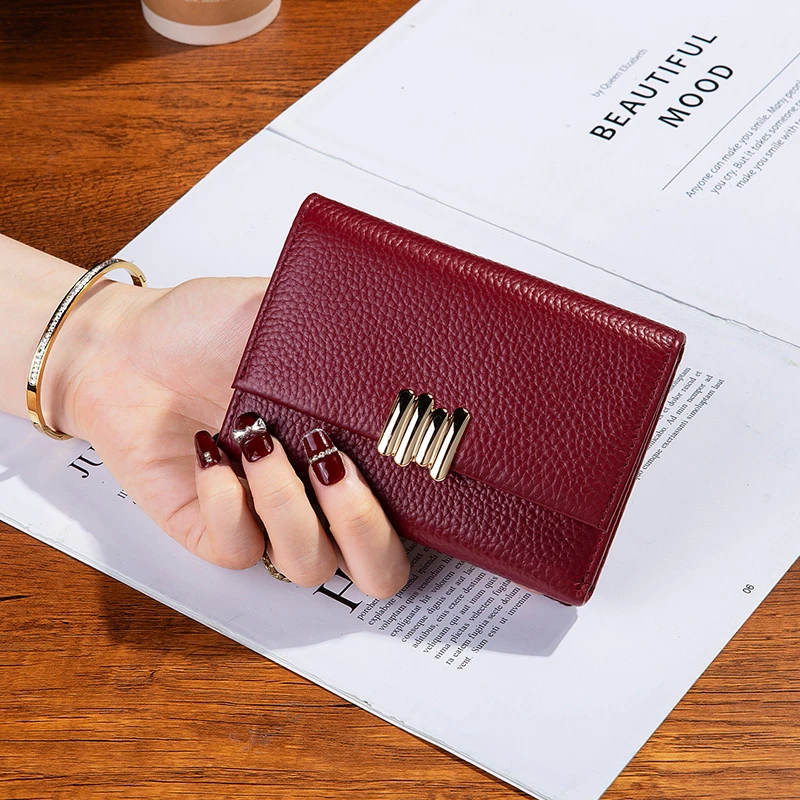 软牛皮双大钞位短款折叠钱包女百搭2024新款超薄真皮三折小巧钱夹