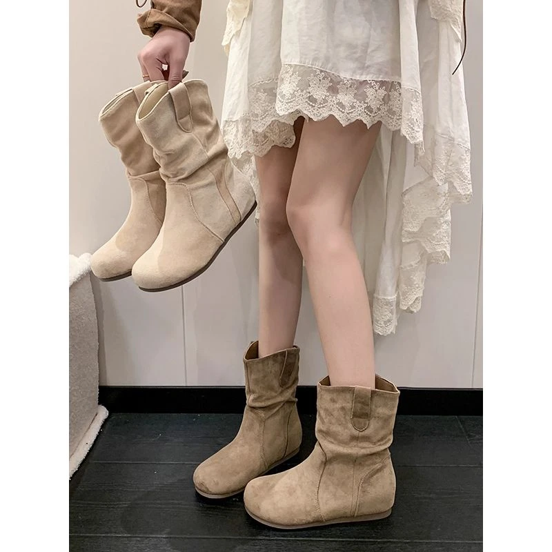 【万达撤柜】时尚百搭堆堆靴女2025秋季新款爆款内增高褶皱短靴气质