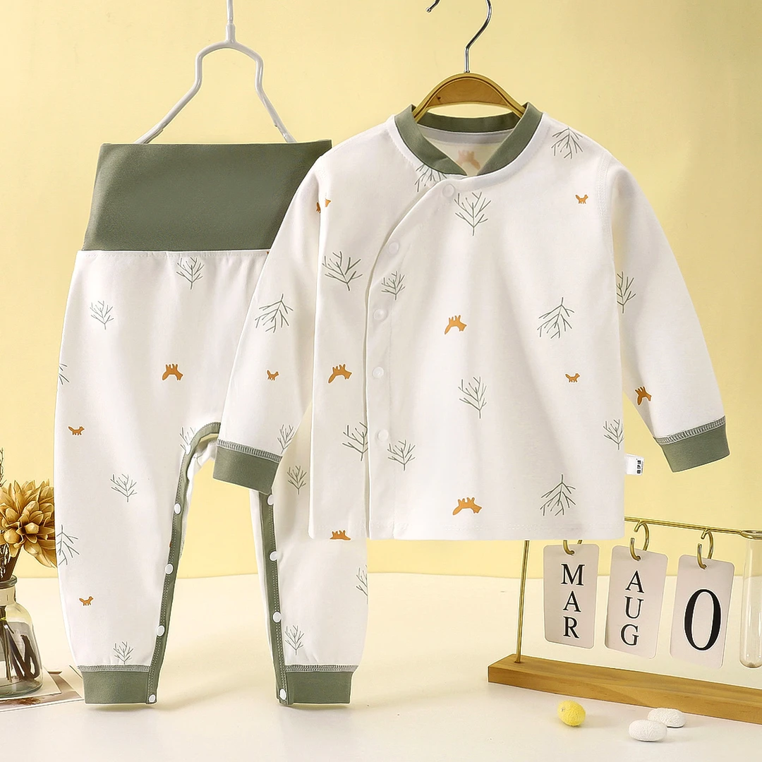 婴幼儿纯棉免脱套装新生儿无骨高腰护肚裤宝宝春秋打底秋衣秋裤