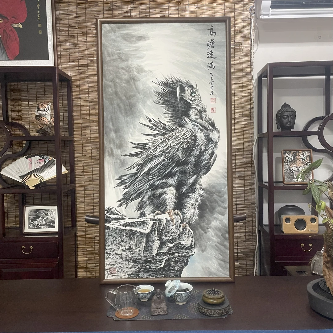手绘国画《高瞻远瞩》124*64cm实木框 茶室玄关客厅办公室挂画 免装