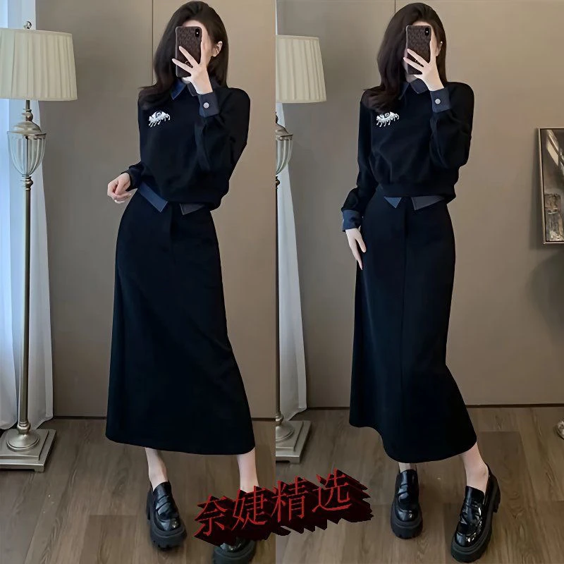 1022清高级感时尚黑色拼接卫衣半身裙套装女春季新款洋气显瘦
