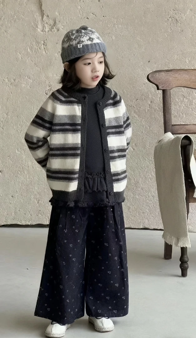 女童秋款套装毛衣开衫2025新款儿童针织衫春秋装大童阔腿裤三件套