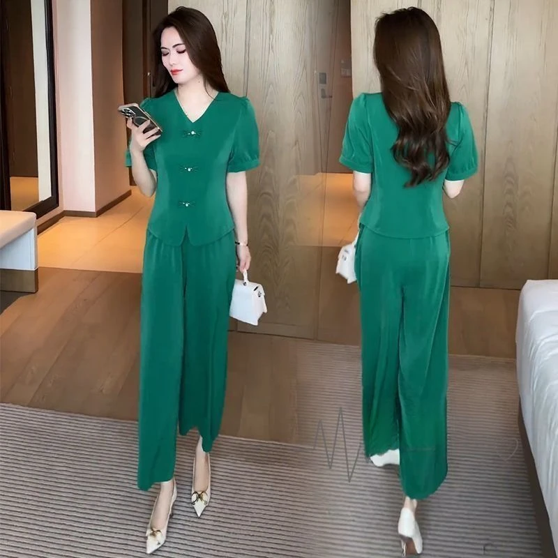 时尚套装新中式时尚冰丝套装女2025夏季新款洋气显瘦盘扣短袖时尚