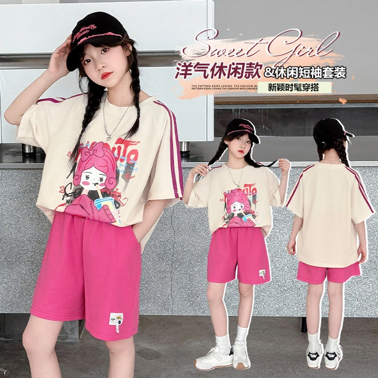 2025新款夏季洋气休闲女童短袖套装时尚百搭可爱卡通两件套潮