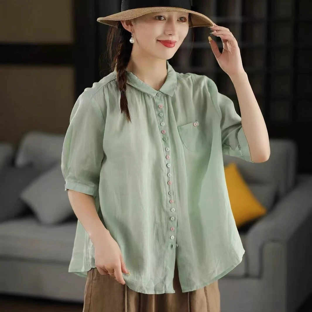 纯色苎麻短袖衬衫2025文艺简约翻领彩扣轻薄舒适百搭宽松休闲上衣