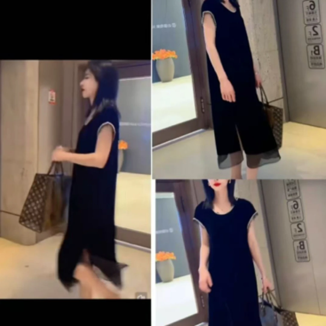 夏季新款时尚显瘦遮肚子丝绒珍珠连衣裙