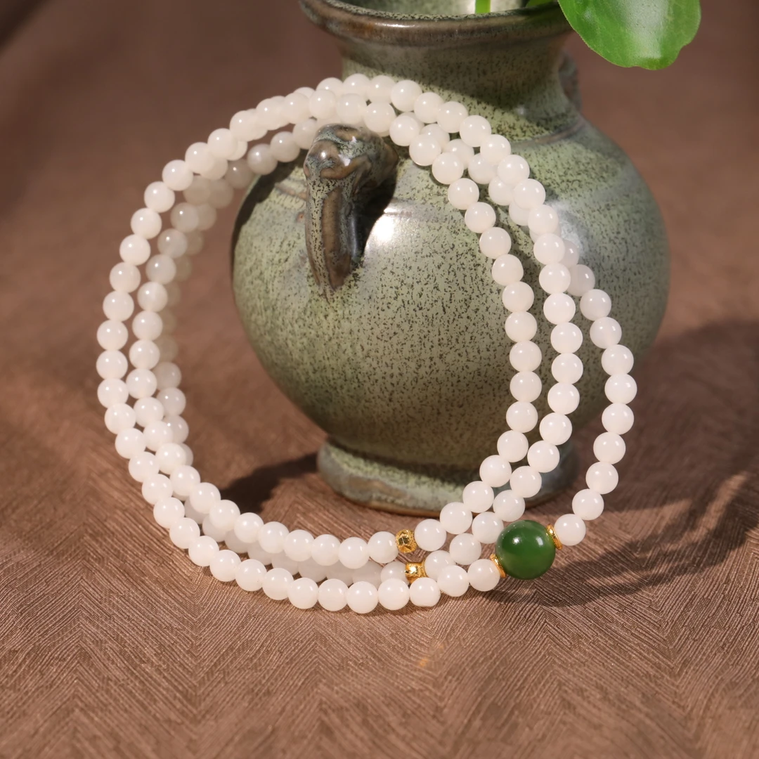 60cm长正宗和田玉青海白玉珠链项链碧玉单珠配饰天然和田玉ZB0016