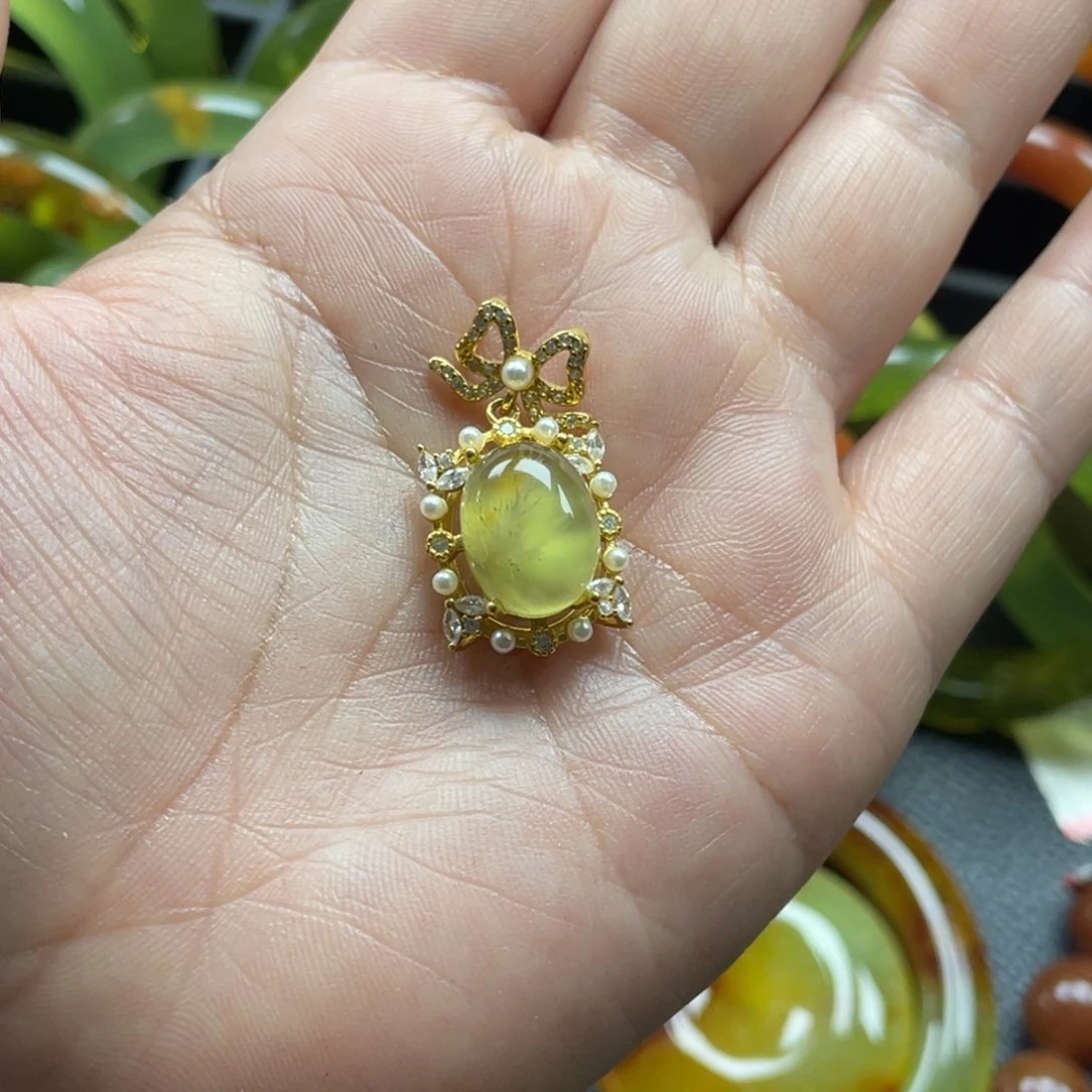 银S925镀金镶嵌蛇纹石玉颈饰