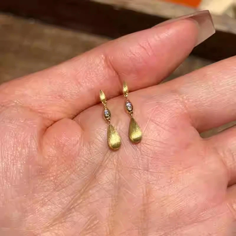 黄铜耳饰 鎏金坠梦~金色拉丝锆石水滴流苏耳钉灵动个性冷淡风