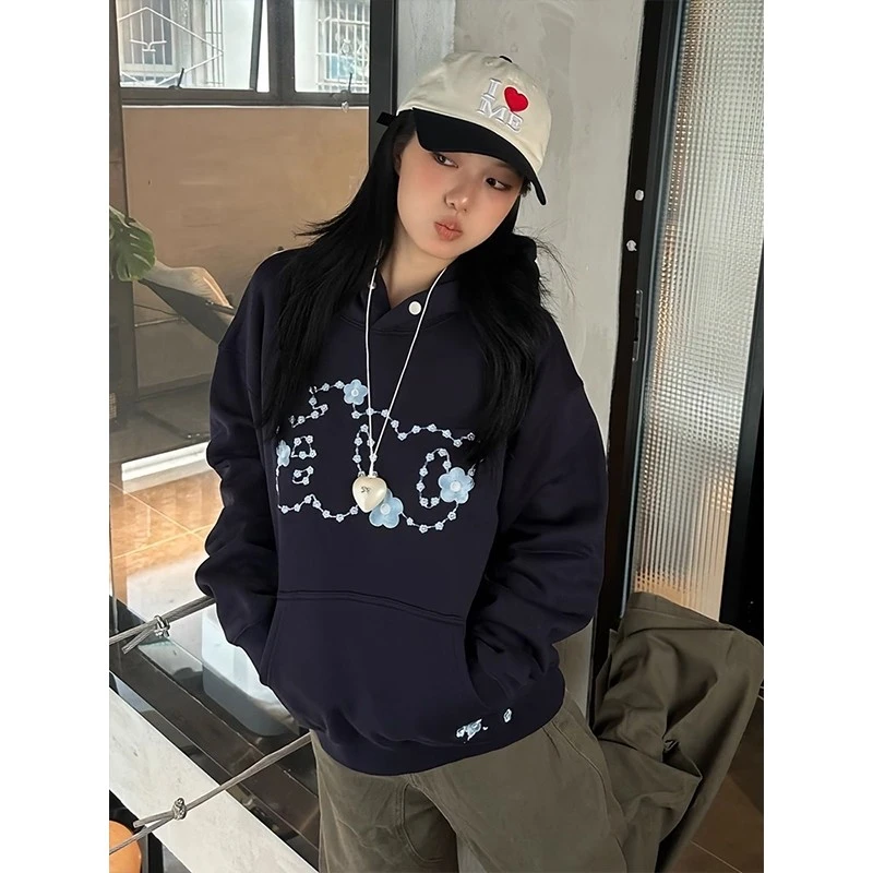 早秋字母印花设计感宽松显瘦情侣外套长袖上衣美式复古连帽卫衣女