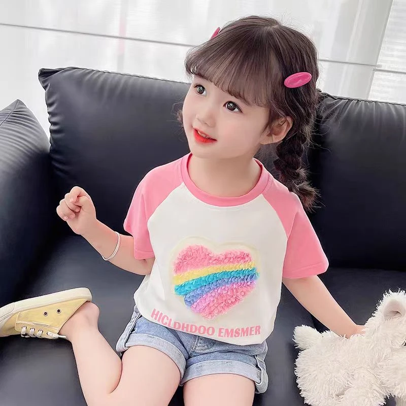 女童立体爱心纯棉T恤2025新款儿童宝宝插件拼色圆领百搭 半袖