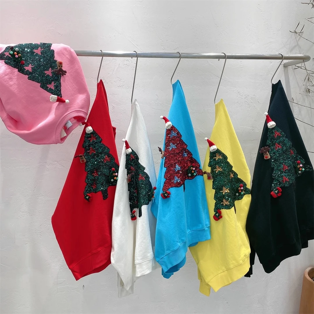 圣诞节礼物宽松女重工亮片中长款圣诞树节日款氛围喜庆亮片卫衣