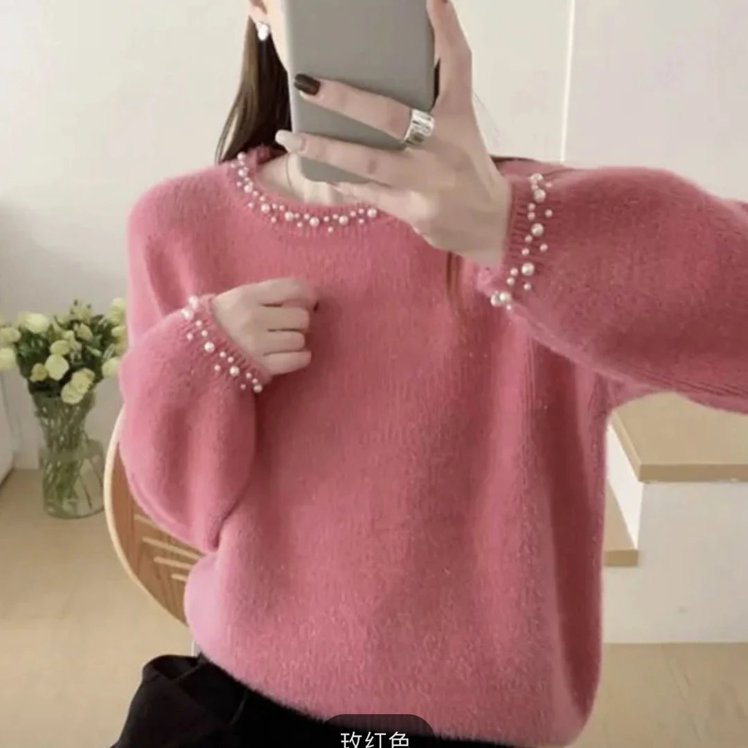 秋冬长袖常规百搭打底衫拼接毛针织衫常规袖宽松纯色 圆领钉珠款