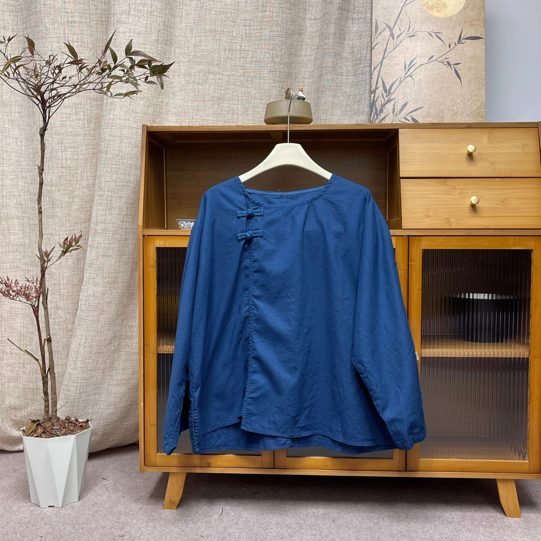 设计款装饰盘扣复古国风亚麻炒色小衫宽松上衣（衣长65 胸围134）