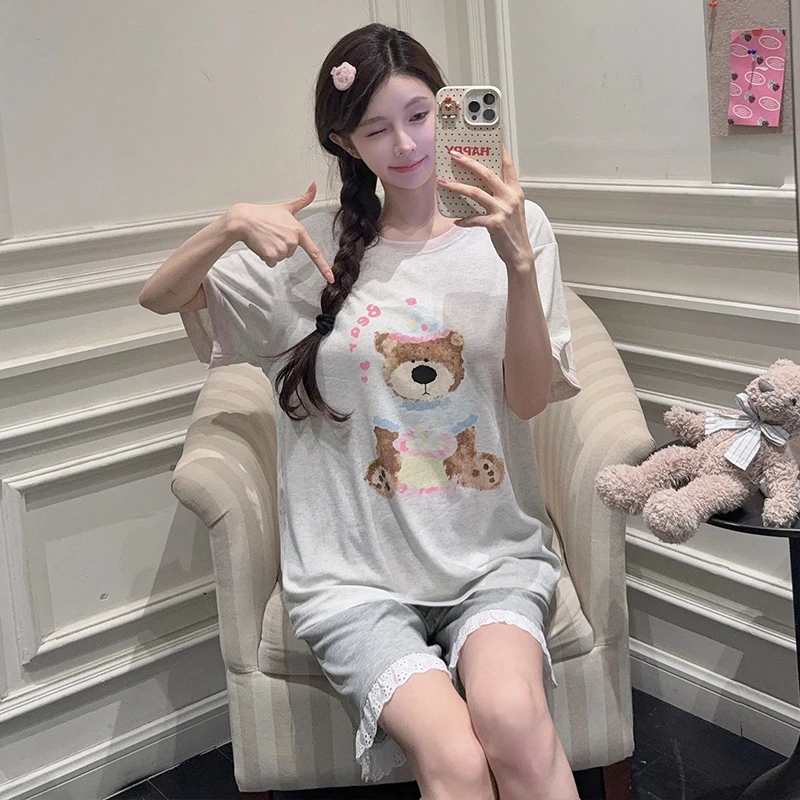 莫代尔睡衣女少女薄款短裤短袖夏季天韩版卡通大码学生家居服套装
