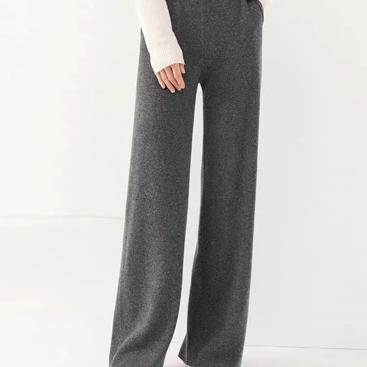 秋冬新款100%纯羊毛四平加厚带兜高密度阔腿裤纯色休闲针织直筒裤