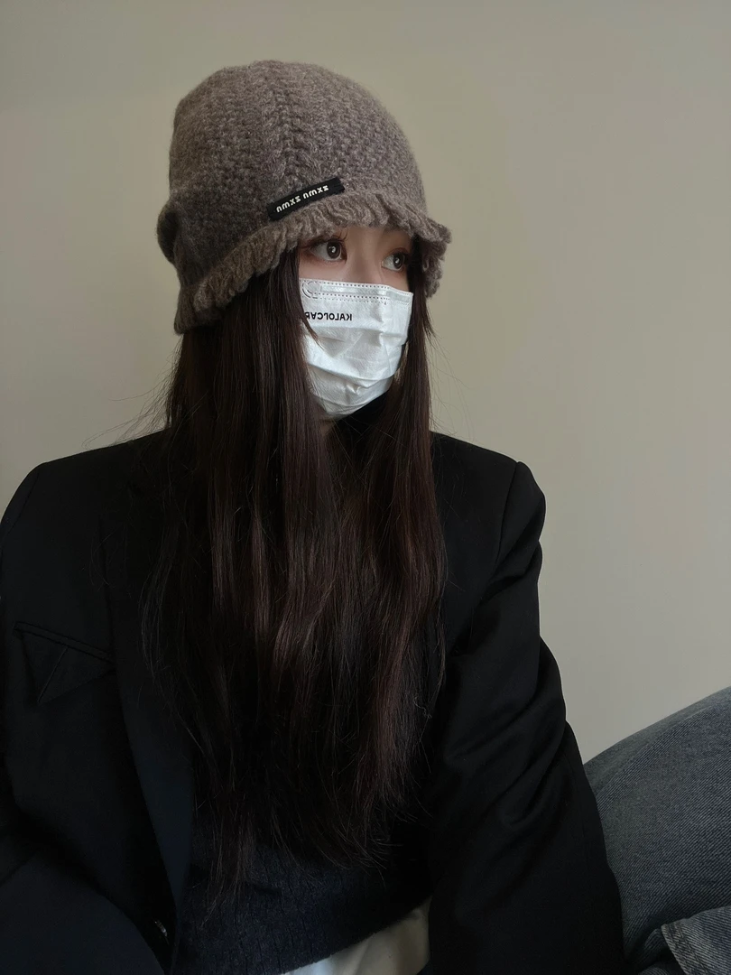 100羊毛慵懒风毛边纯色针织冷帽女大头围显脸小包头堆堆帽毛线帽
