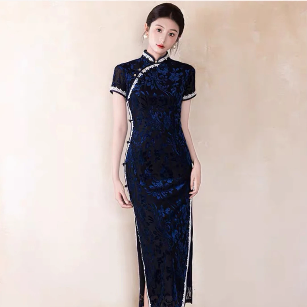 9898-老上海传统蓝色旗袍女中国风年轻款高端优雅气质日常走秀