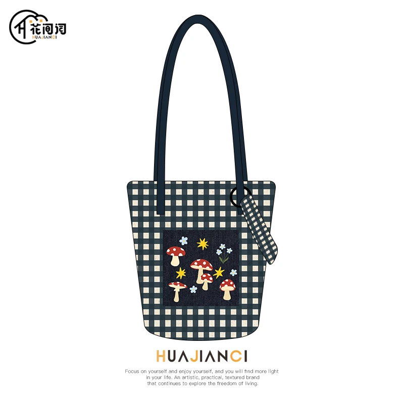 花间词原创新款水桶包女生插画印花百搭时尚单肩包可斜挎加长帆布