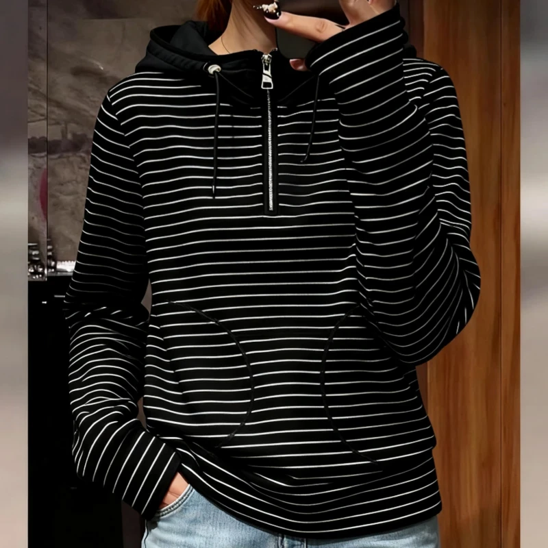 连帽条纹长袖卫衣女士2025秋冬新款宽松显瘦内搭半拉链打底衫上衣
