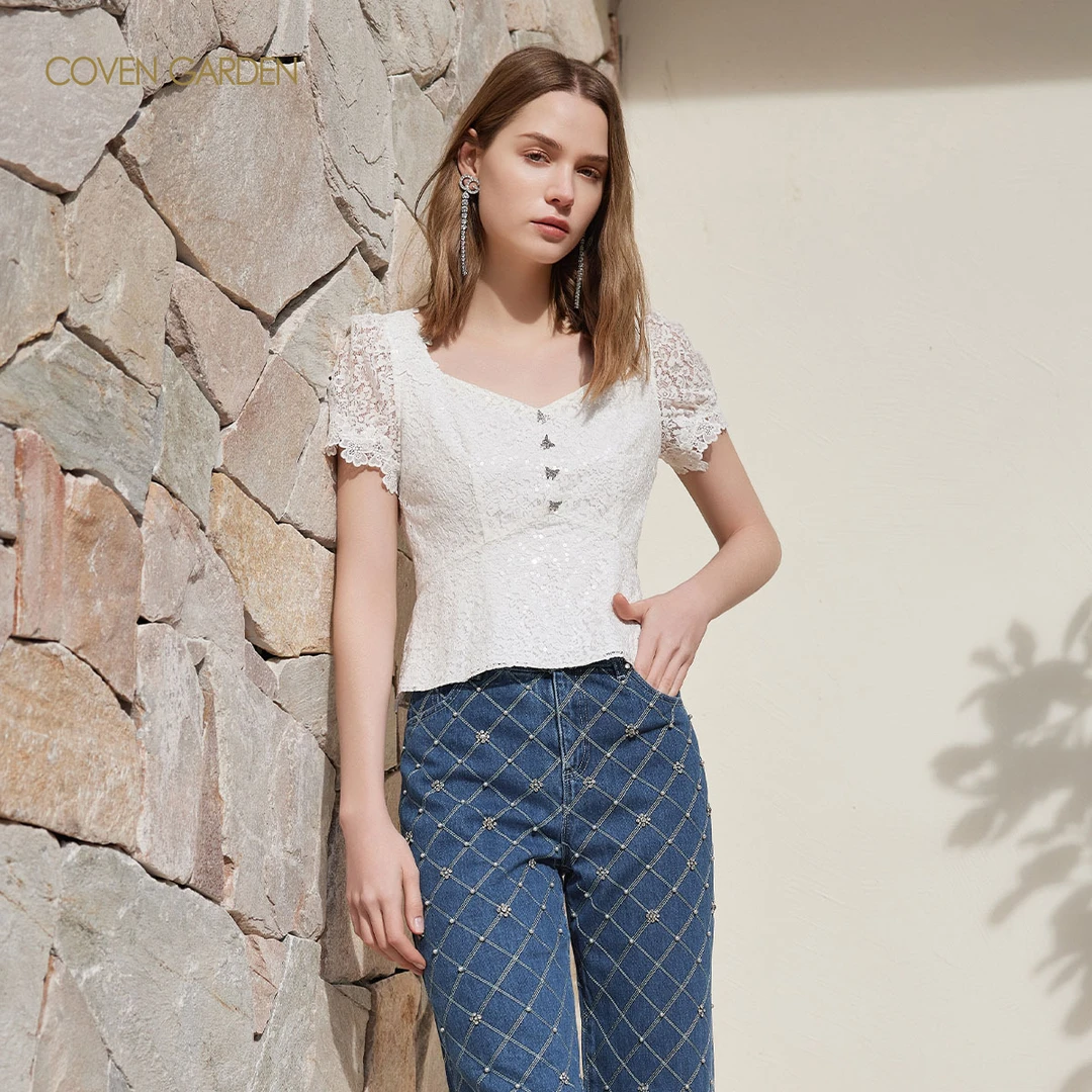 哥文花园 珠片绣方领收腰衬衫 CLA2016010 COVEN GARDEN