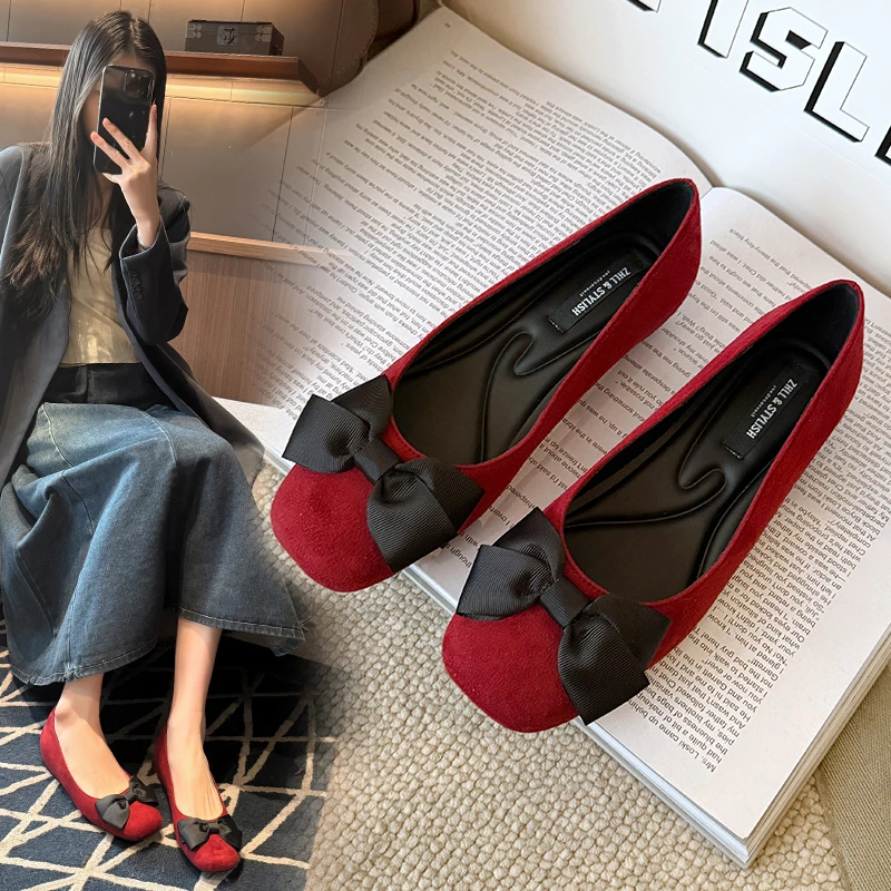 加宽加肥大码女鞋41到43韩版蝴蝶结内增高方头浅口温柔女单鞋软底