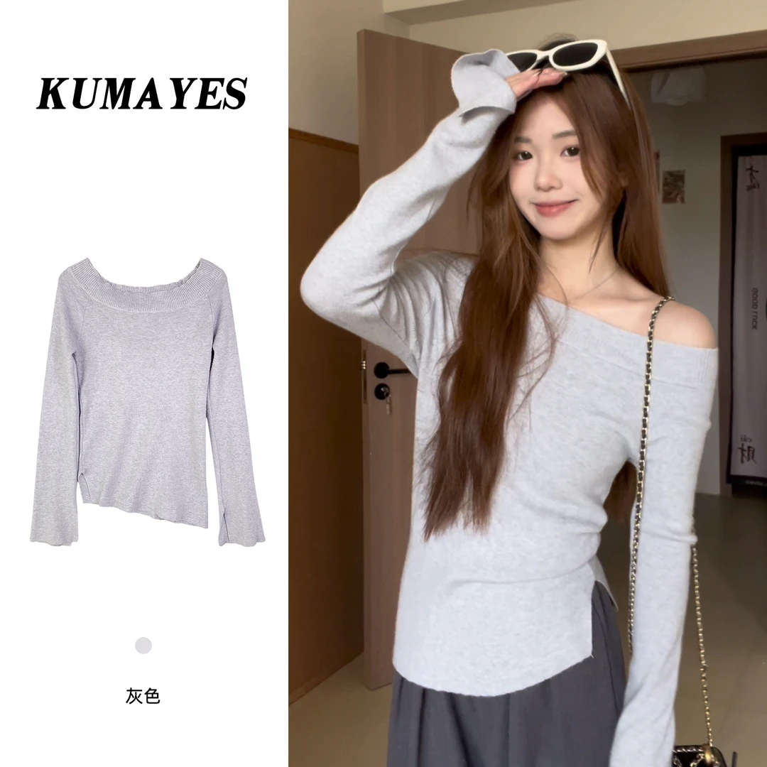 KUMAYES 灰色长袖斜领修身开叉针织打底衫女气质露肩显瘦内搭上衣