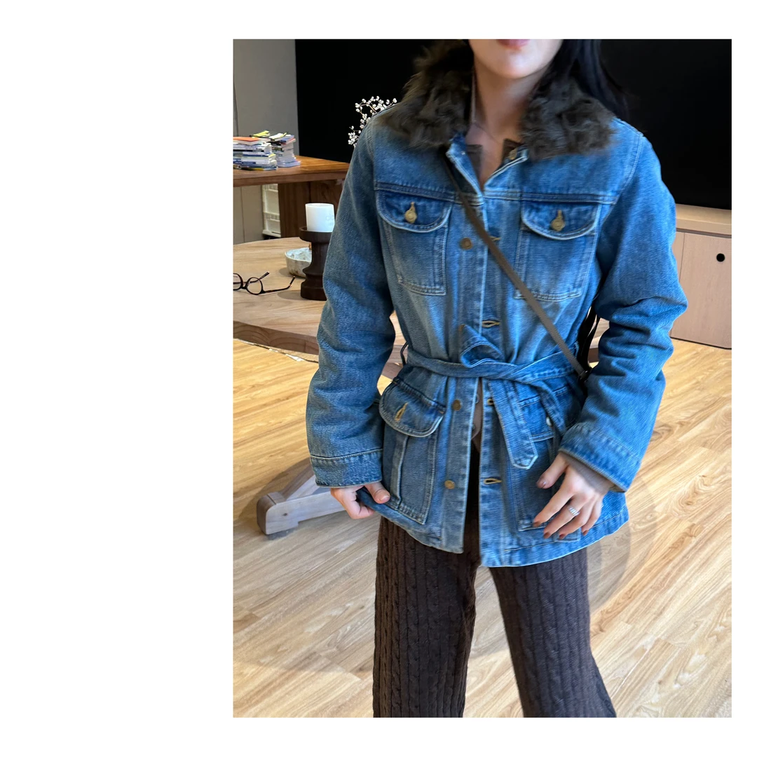 HDD- "牛仔流转" 羊毛领 秋冬女款腰带中长款牛仔夹棉外套Y9257