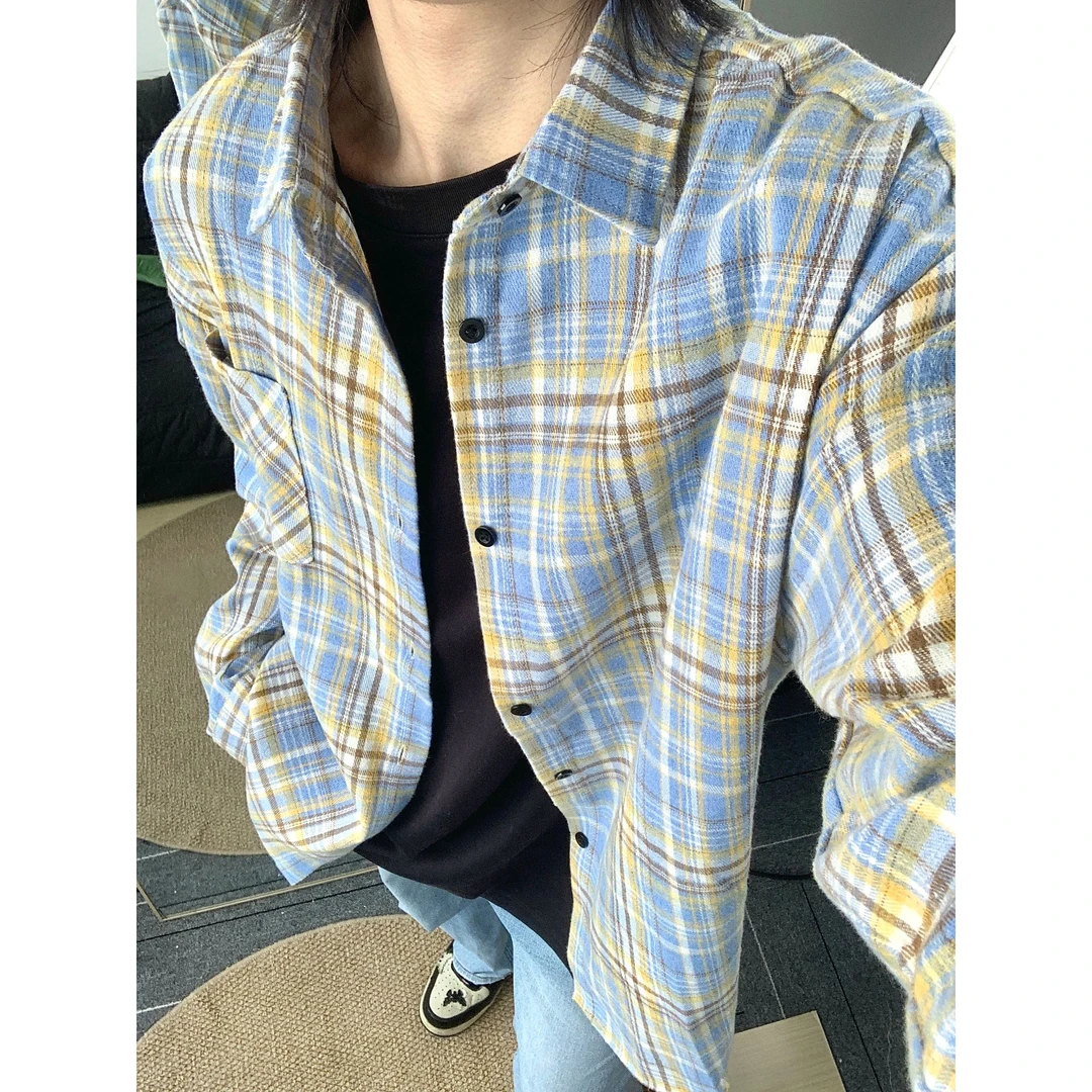 黄蓝格子长袖衬衫男高级感cleanfit格纹衬衣vintage美式复古外套