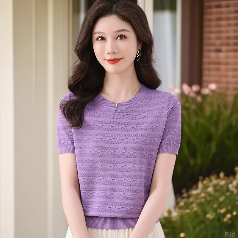 2025新款法式小香风设计感冰丝针织衫女t恤洋气百搭减龄别致上衣
